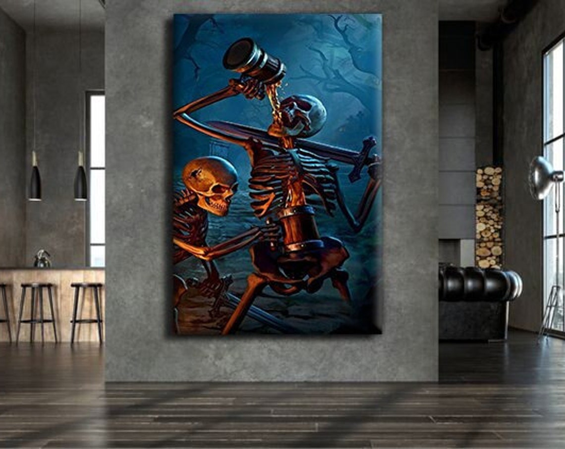 Drunk Skeletons Drinking Beer Moonlit Forest Fantasy Art Poster