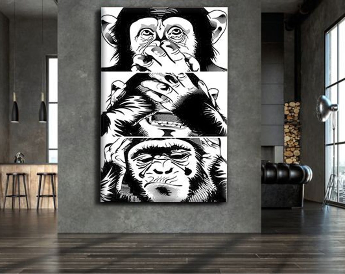 Three Wise Monkeys See Hear Speak No Evil Black White Art Poster