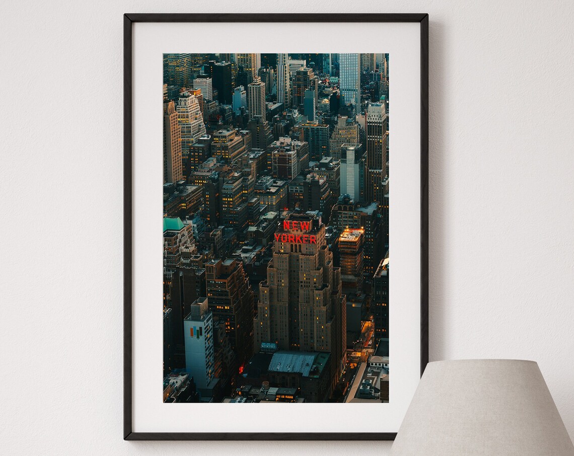 New Yorker Hotel Sign Manhattan Aerial Night City Skyline Poster - Image 3