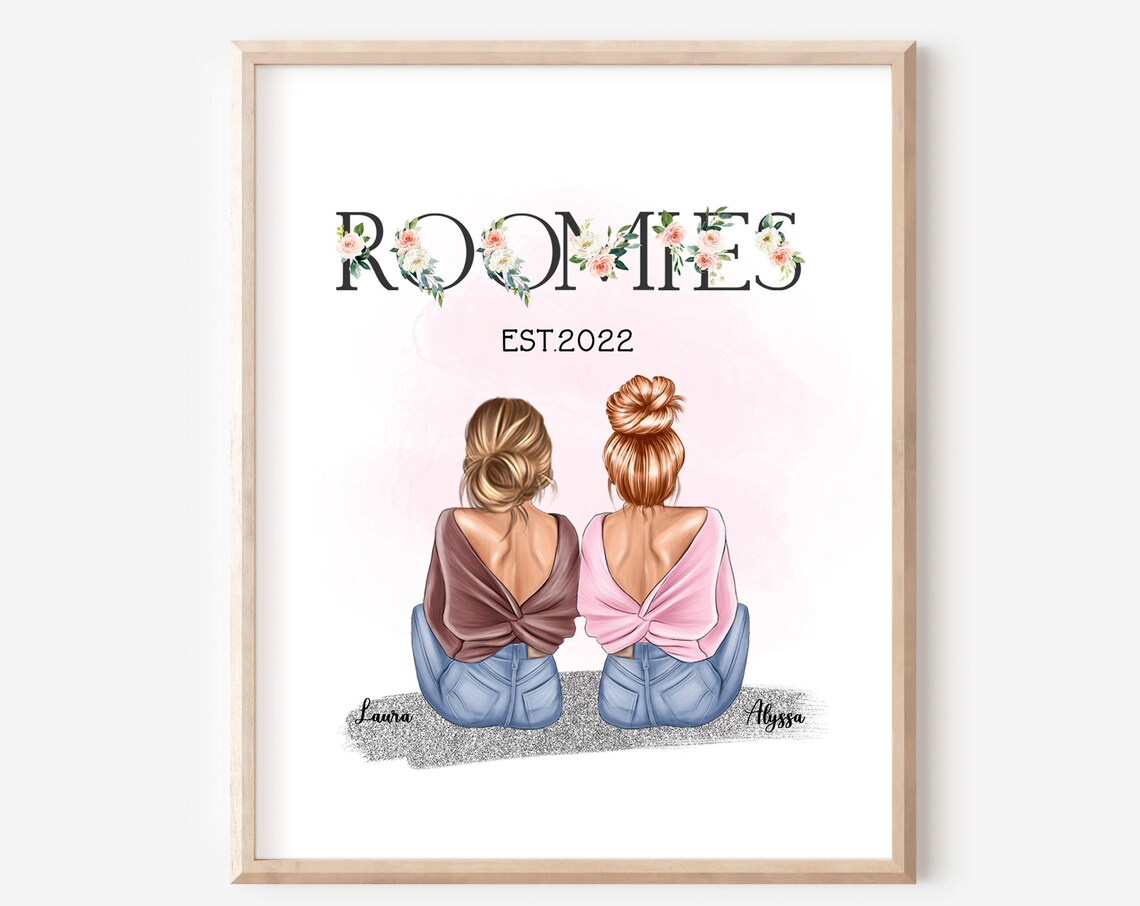 Roomies Est 2022 Floral Title Two Best Friends Portrait Poster