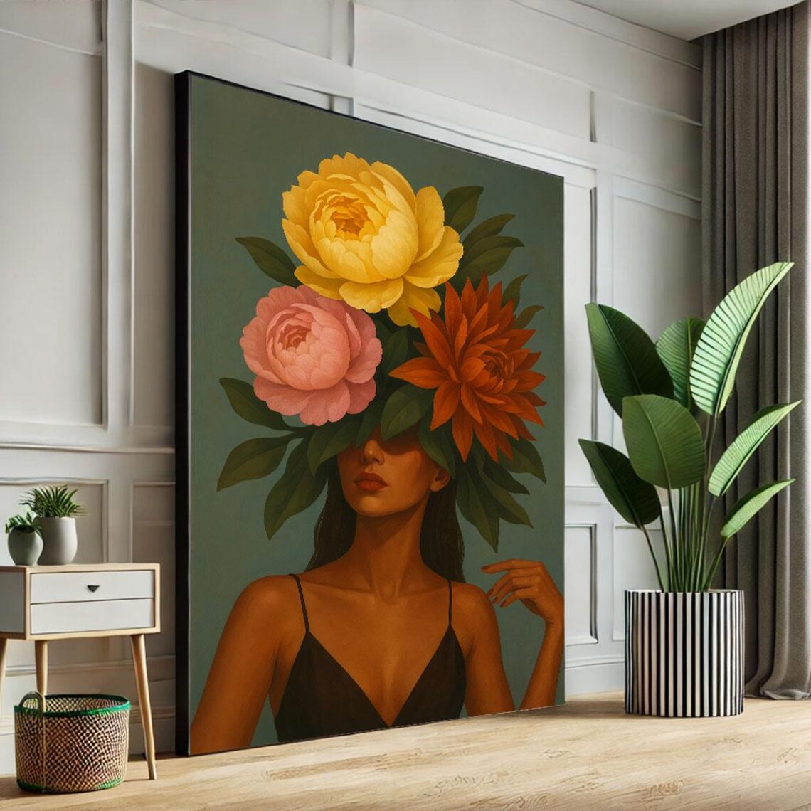 Charming Woman With Peony Blooms Over Eyes Dark Green Art Poster