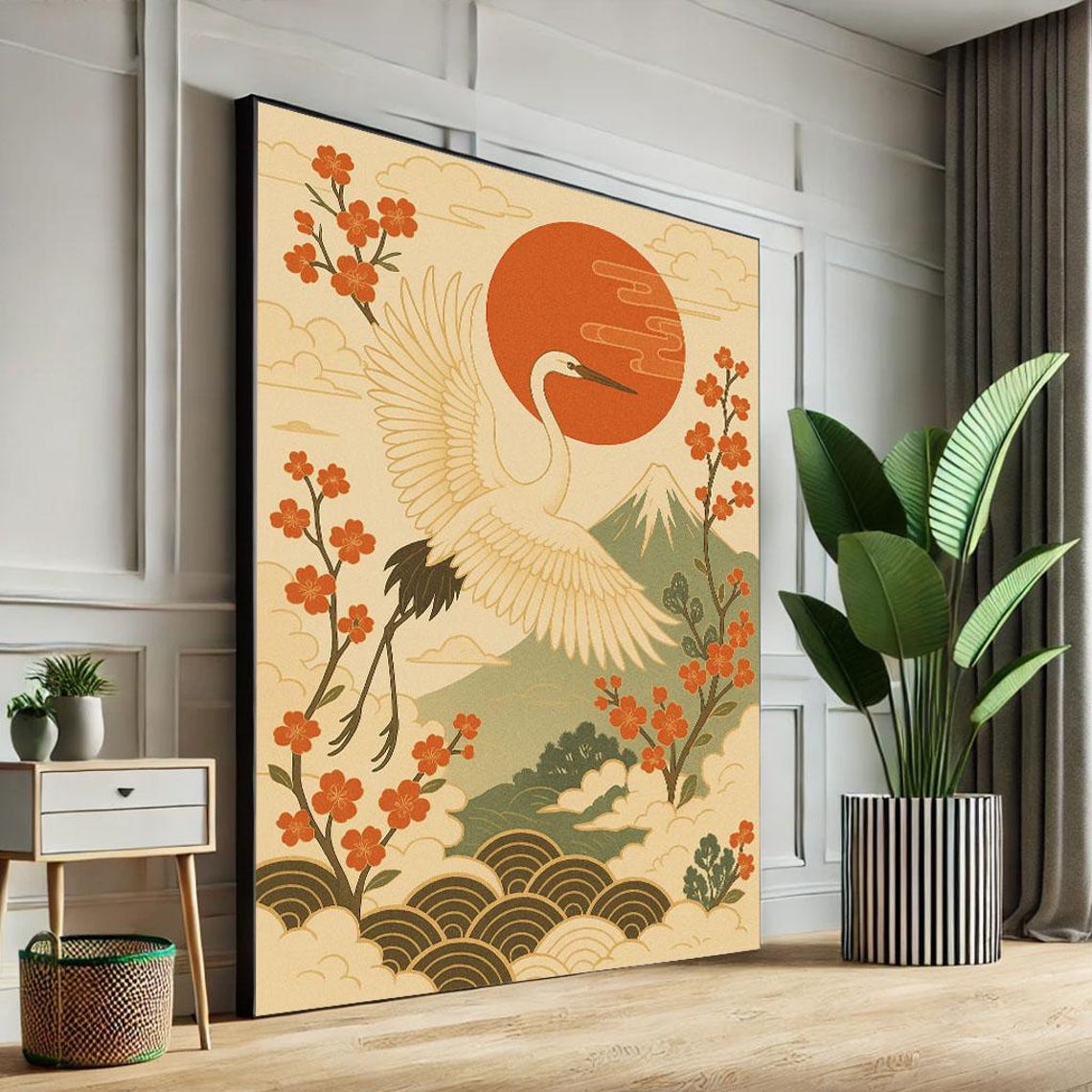 White Crane Flying Past Red Sun Mount Fuji Cherry Blossom Poster