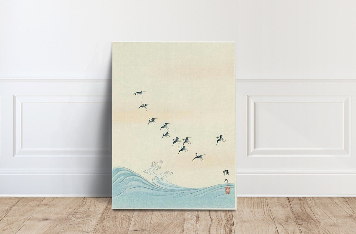 Vintage Japanese Birds Flying Over Waves Woodblock Style Poster