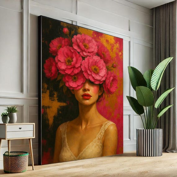 Romantic Floral Woman Portrait Canvas Wall Art Print Bold Pink Living Room Decor Statement Piece