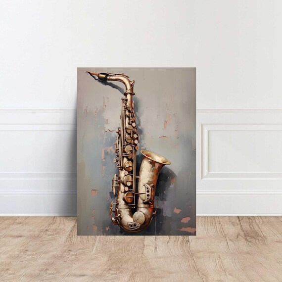 Brass Saxophone on Muted Grey Painterly Vintage Jazz Instrument Art Poster