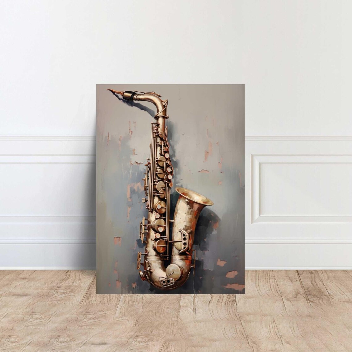 Brass Saxophone on Muted Grey Painterly Vintage Jazz Instrument Art Poster