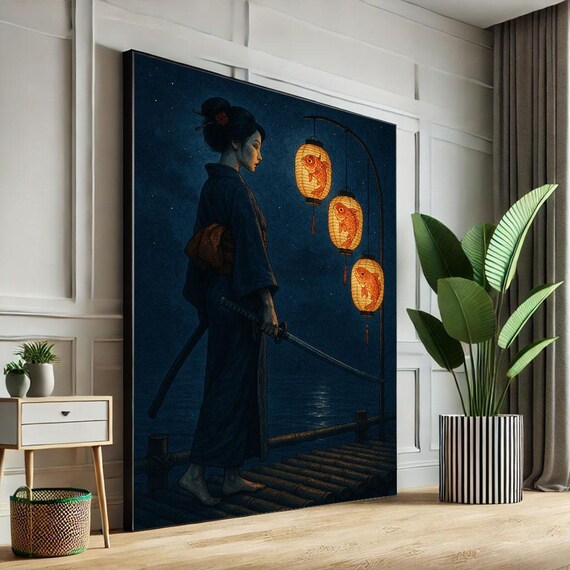 Samurai Woman on Moonlit Dock with Glowing Koi Fish Lanterns Night Poster
