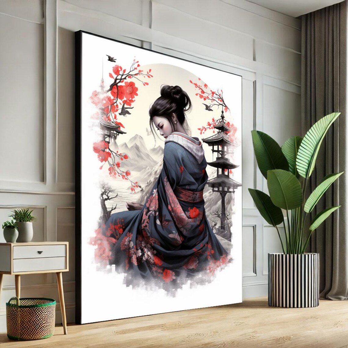 Geisha Watercolor Mount Fuji Pagoda Cherry Blossom Japanese Art Poster