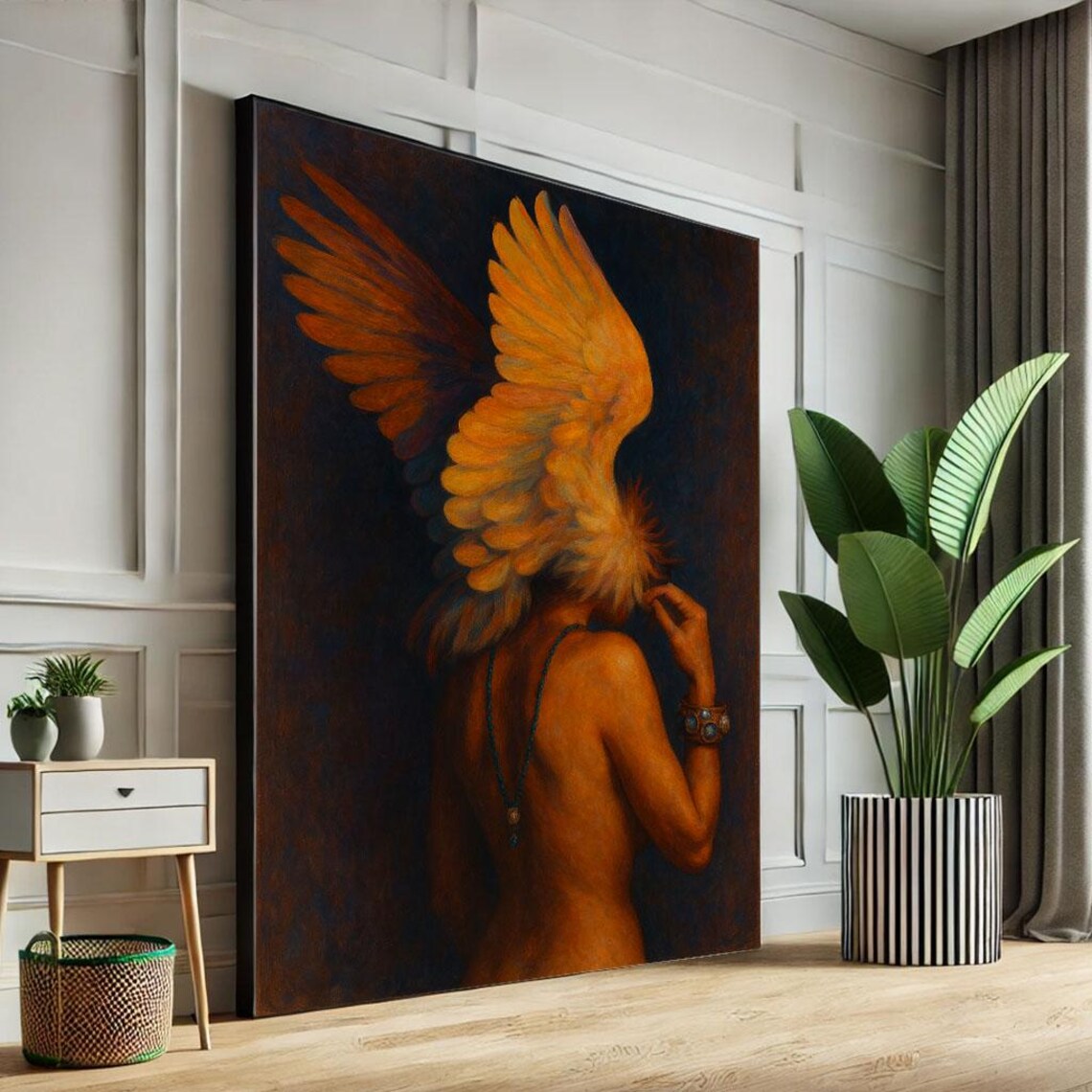 Angelic Woman With Fiery Golden Wings From Behind Dark Art Poster