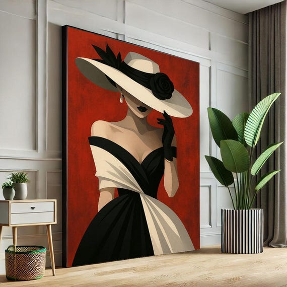 Elegant Woman In Hat Canvas Wall Art Print Vintage Glamour Living Room Decor Statement Piece