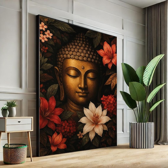 Golden Buddha Tropical Red Flowers Dark Background Zen Poster