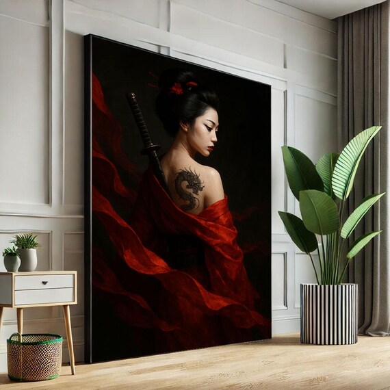 Elegant Geisha With Sword Art Print, Japanese Decor