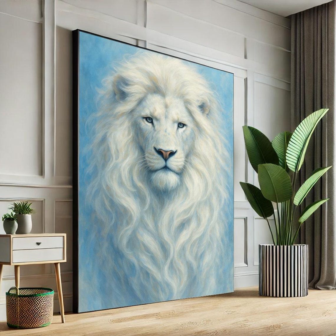 Majestic White Lion Portrait Regal Blue Background Wild King Poster