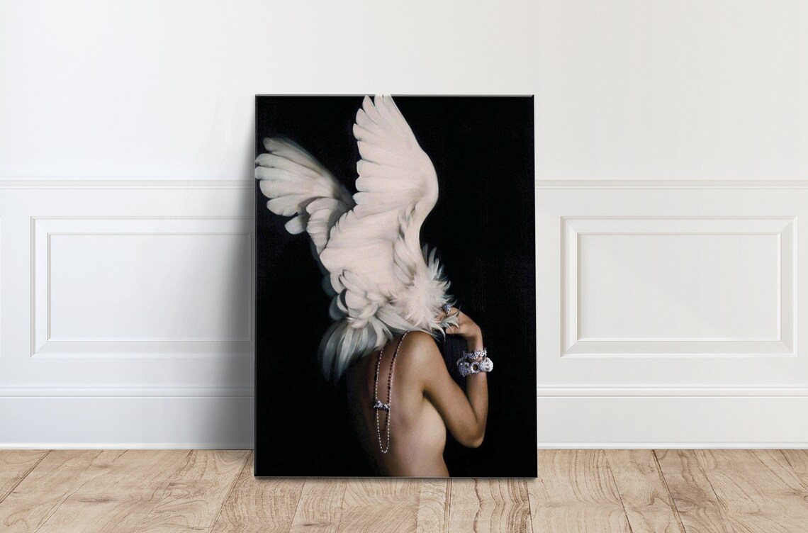 White Feather Wing Headdress Woman Dark Moody Elegant Portrait Poster