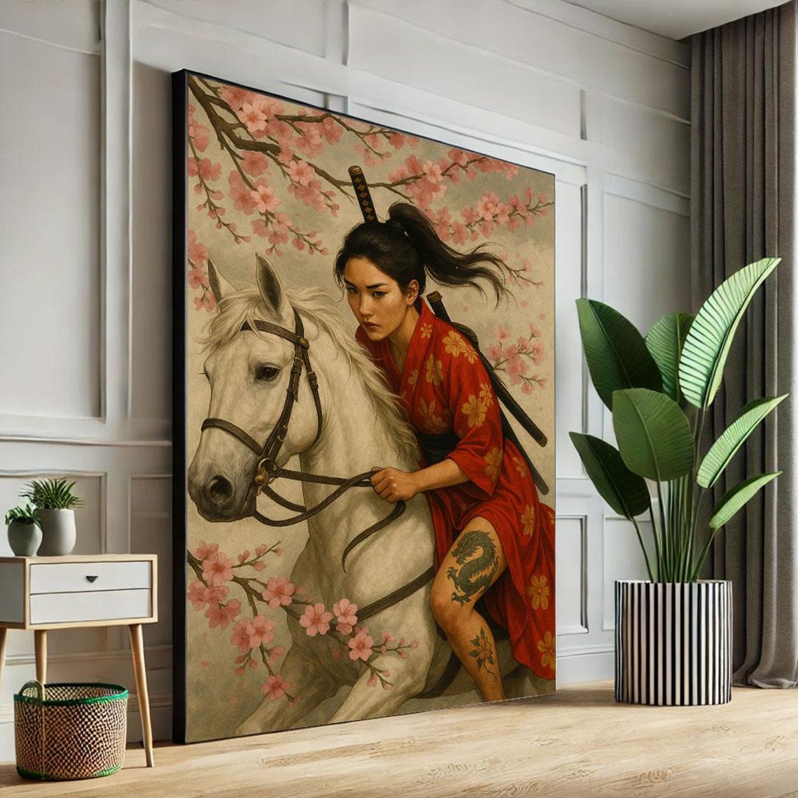Samurai Woman Riding White Horse Cherry Blossom Red Kimono Wall Poster