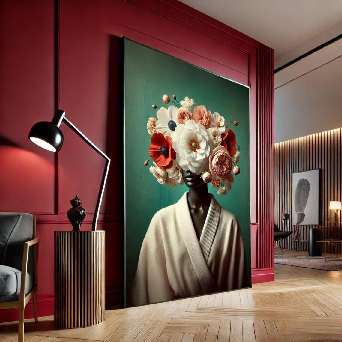 Surreal Flower Head Woman Emerald Background Poppy Bouquet Poster