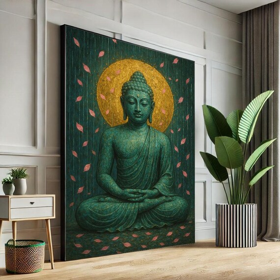 Meditating Buddha With Golden Halo and Falling Petals Poster