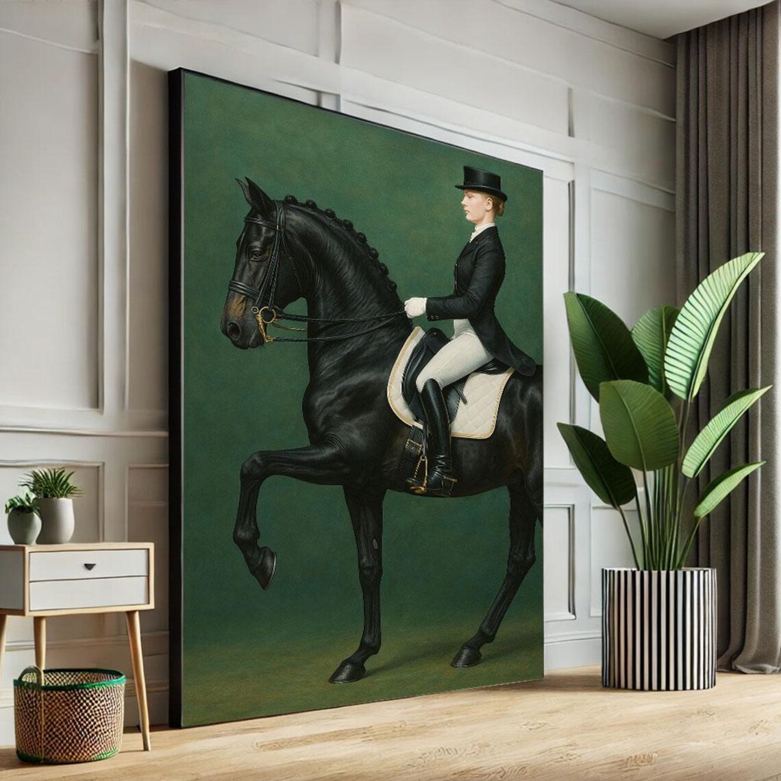 Elegant Dressage Rider Black Horse Classic Equestrian Oil Style Poster