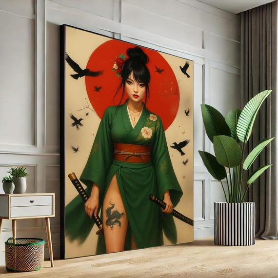 Japanese Warrior Woman Canvas Wall Art Print Bold Samurai Girl Living Room Decor Statement Piece