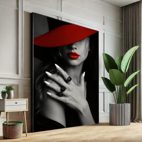 Elegant Woman In Red Hat Canvas Wall Art Print Modern Glam Living Room Decor Statement Piece