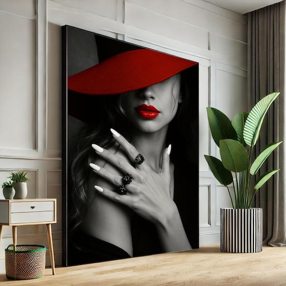 Mysterious Woman in Red Hat Red Lips Noir Fashion Art Poster
