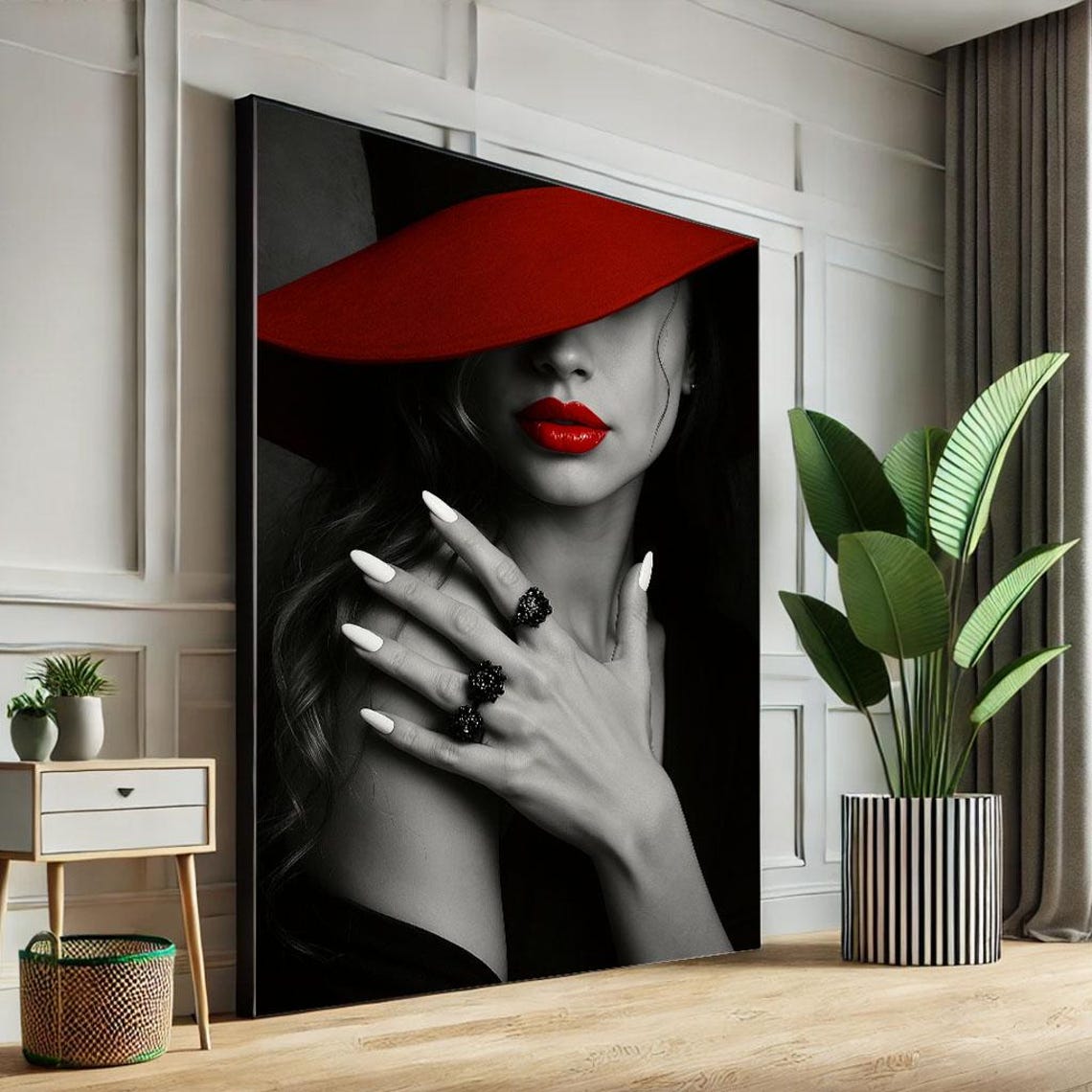 Elegant Woman In Red Hat Canvas Wall Art Print Modern Glam Living Room Decor Statement Piece