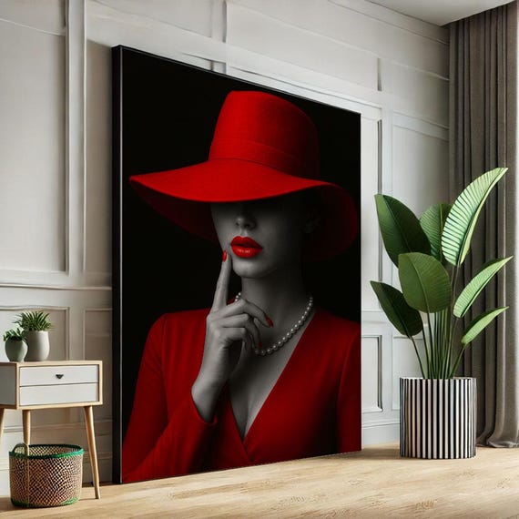 Elegant Woman In Red Hat Canvas Wall Art Print Modern Minimalist Living Room Decor Statement Piece