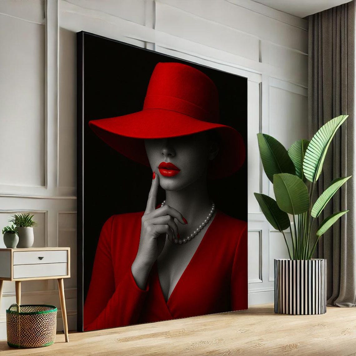 Elegant Woman In Red Hat Canvas Wall Art Print Modern Minimalist Living Room Decor Statement Piece