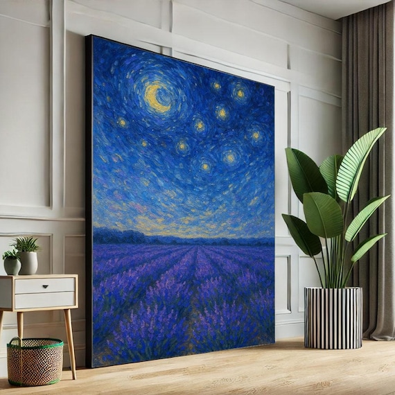 Starry Night Lavender Field Swirling Moon Van Gogh Inspired Poster