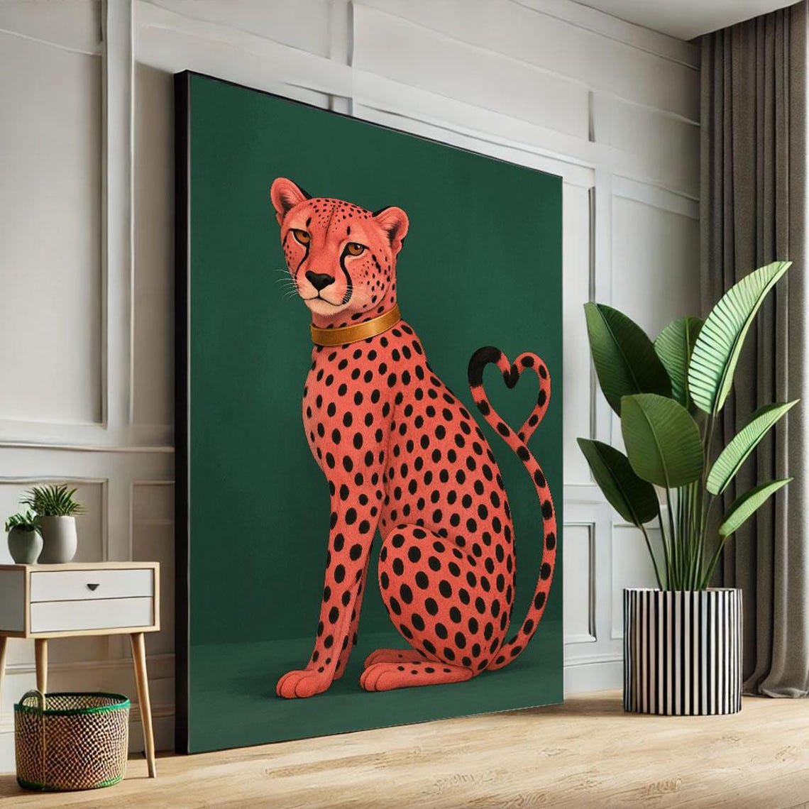 Elegant Pink Cheetah With Golden Collar Heart Tail Green Art Poster