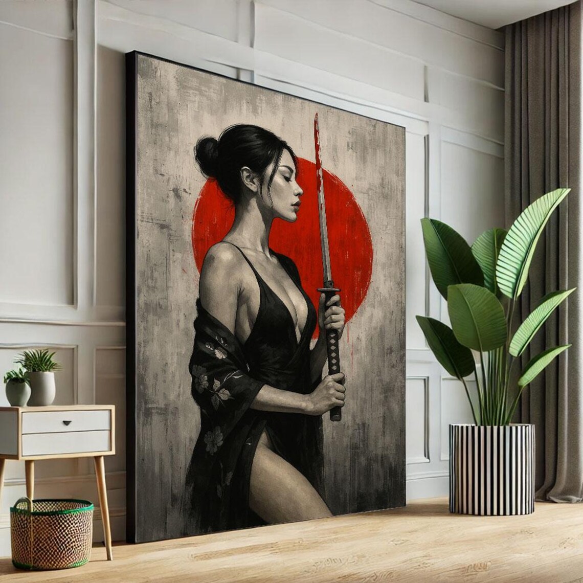 Minimalist Samurai Woman Black Kimono Red Sun Grey Modern Wall Poster