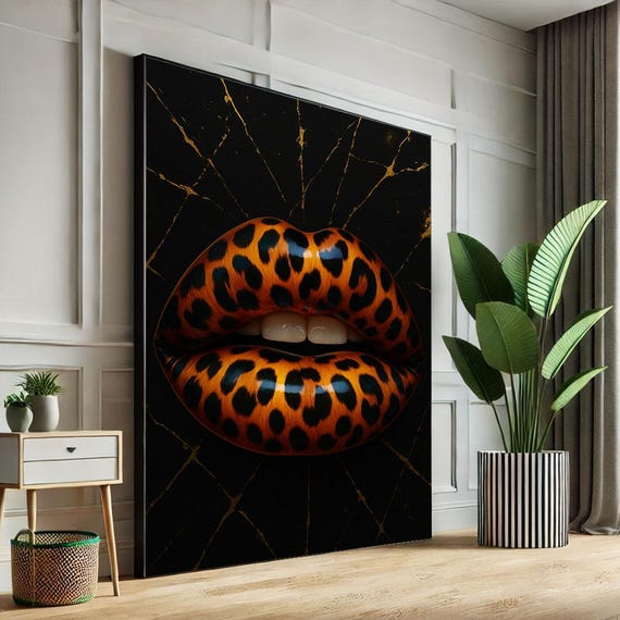 Leopard Print Lips Canvas Wall Art Bold Modern Living Room Decor Statement Piece