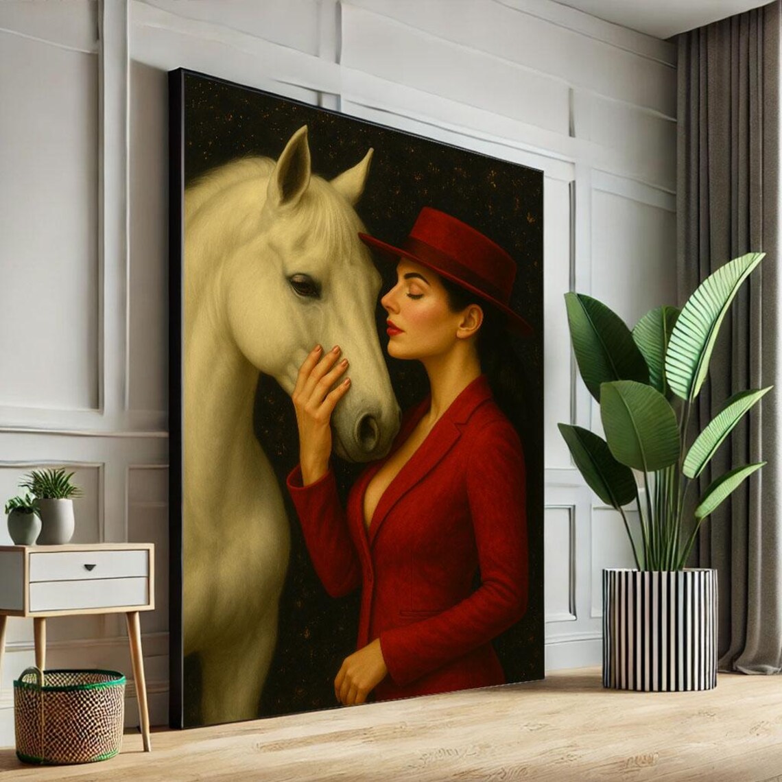 Elegant Woman With White Horse Red Riding Suit Classic Poster