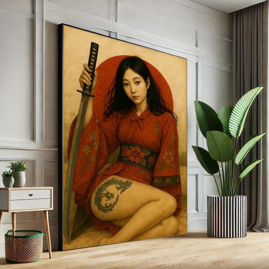 Fierce Female Samurai Red Kimono Katana Red Sun Warrior Art Poster