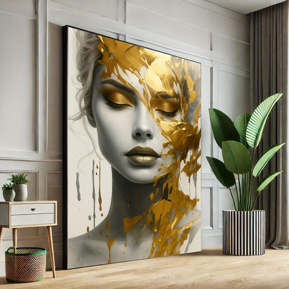 Modern Beauty Art Woman Portrait Canvas Wall Print Gold And Gray Living Room Decor Statement Piece
