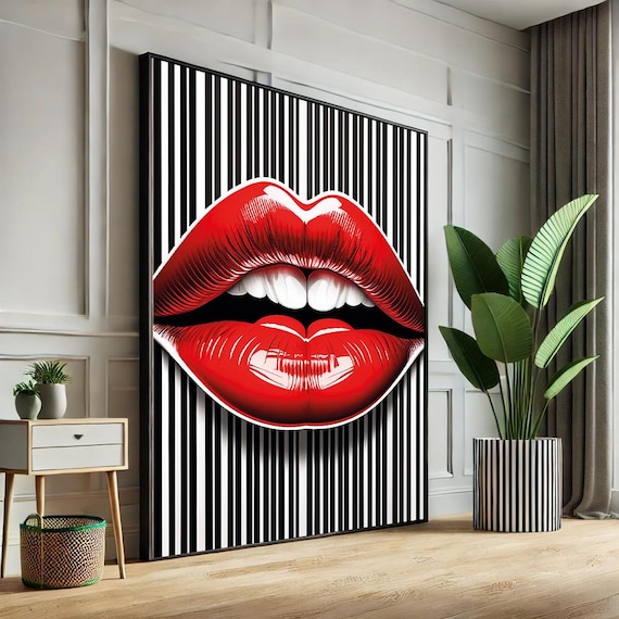 Bold Red Lips Pop Art Glossy Mouth on Thin Stripe Art Poster