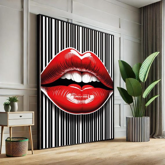 Woman Lips Abstract Pop Art Canvas Black White Striped Wall Decorunique Gift For Fashion Lovers Boyfriend Christmasmodern Home
