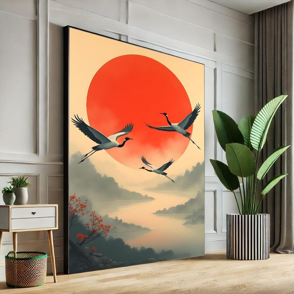 Three Cranes Flying Before Red Sun Japanese Style Landscape Poster