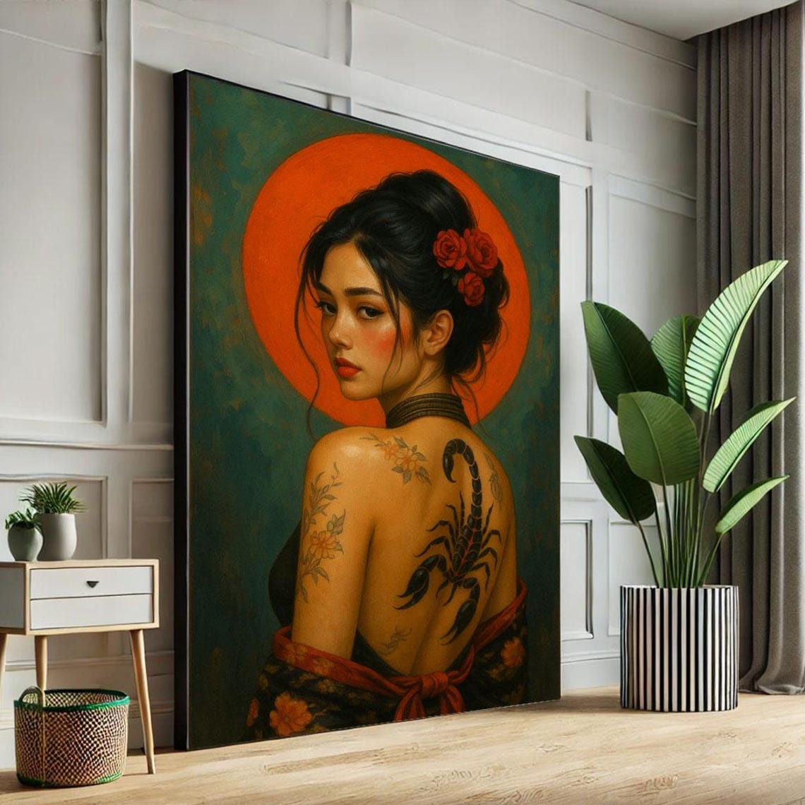 Tattooed Woman With Scorpion Back Ink Under A Bold Red Sun Poster