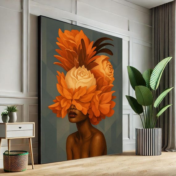 Bold African Woman With Flower Headdress Canvas Wall Art Print Modern Boho Living Room Decor Statement Piece