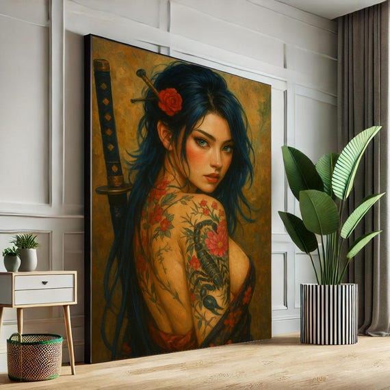 Samurai Woman With Tattoos Canvas Wall Art Print Bold Oriental Lady Bedroom Decor Statement Piece