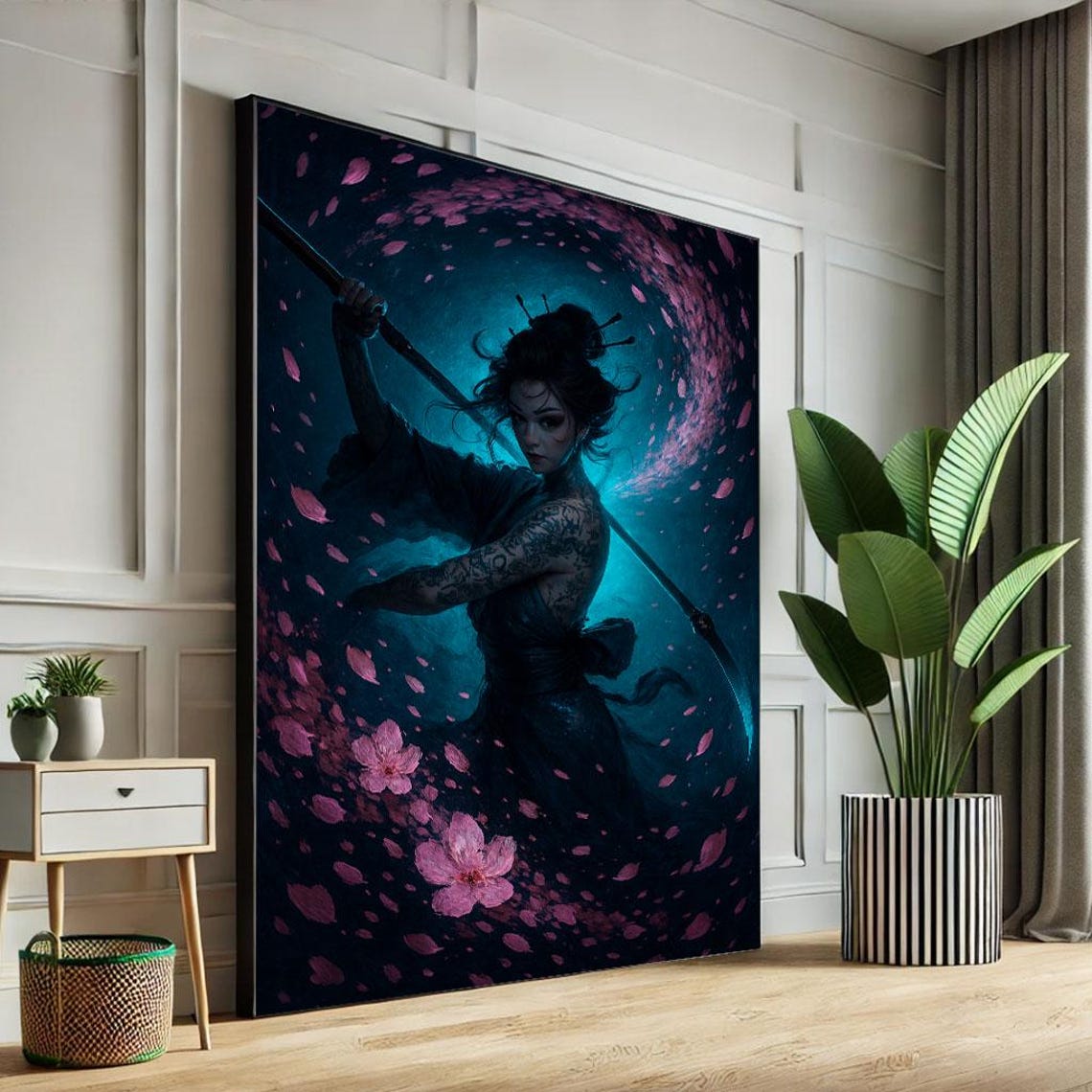 Dark Tattooed Samurai Woman Bow Cherry Blossom Night Art Poster
