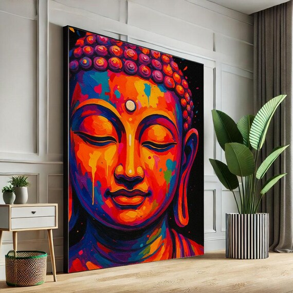 Rainbow Pop Art Buddha Face Neon Colors On Black Bold Zen Art Poster