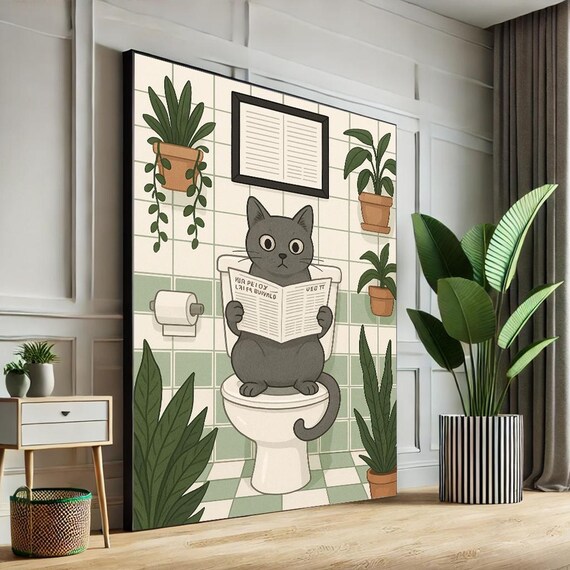 Funny Cartoon Cat on Toilet Reading Newspaper Bathroom Humor Poster