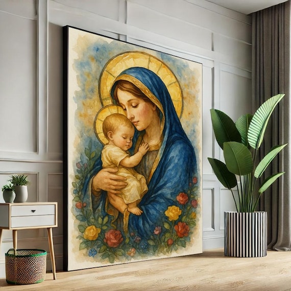 Serene Virgin Mary Cradling Baby Jesus Watercolor Floral Poster