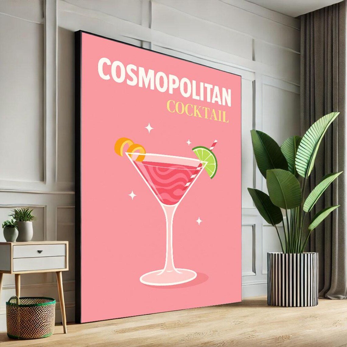 Cosmopolitan Cocktail Pink Retro Martini Glass Illustration Kitchen Poster