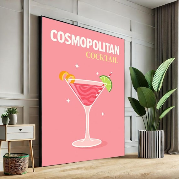 Cosmopolitan Cocktail Pink Retro Martini Glass Illustration Kitchen Poster