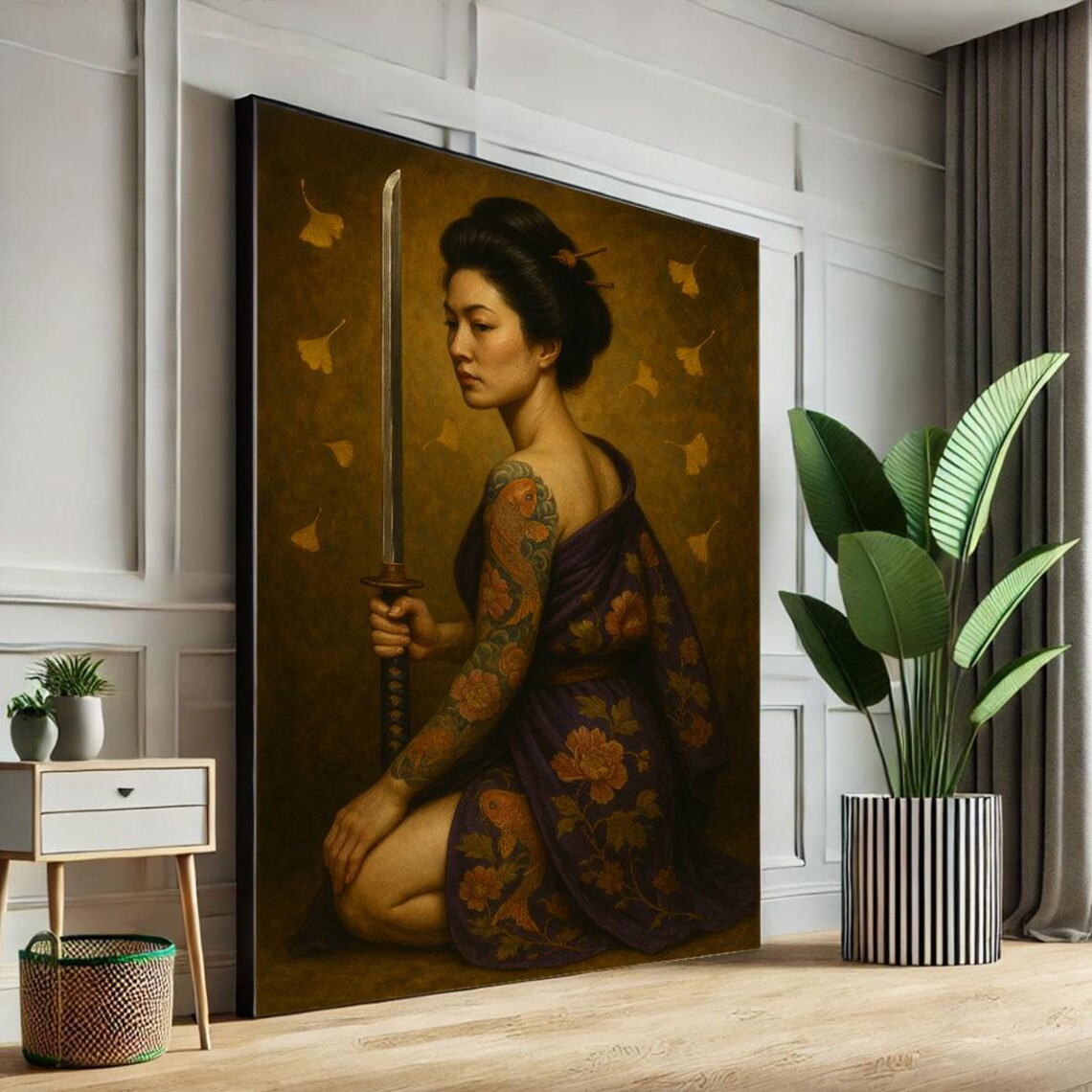 Tattooed Japanese Warrior Woman With Katana Gold Ginkgo Art Poster