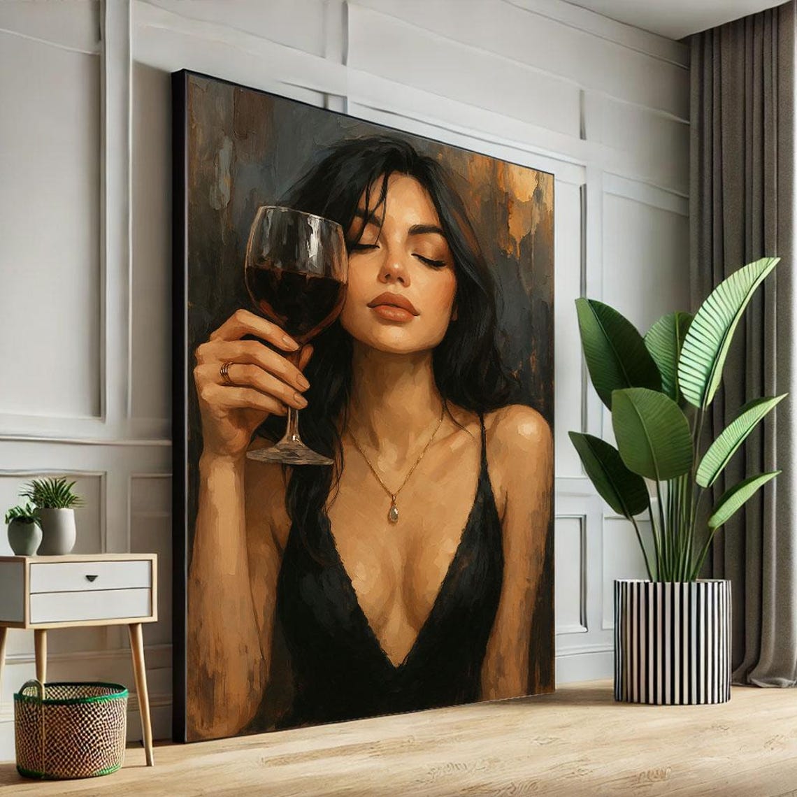 Woman Holding Wine Glass Painterly Dark Moody Portrait Art Poster