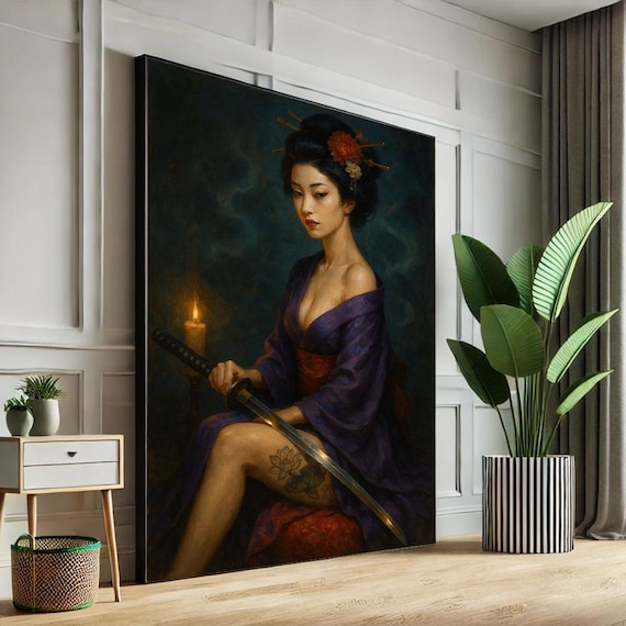 Seated Woman in Purple Kimono with Katana Candlelit Art Poster